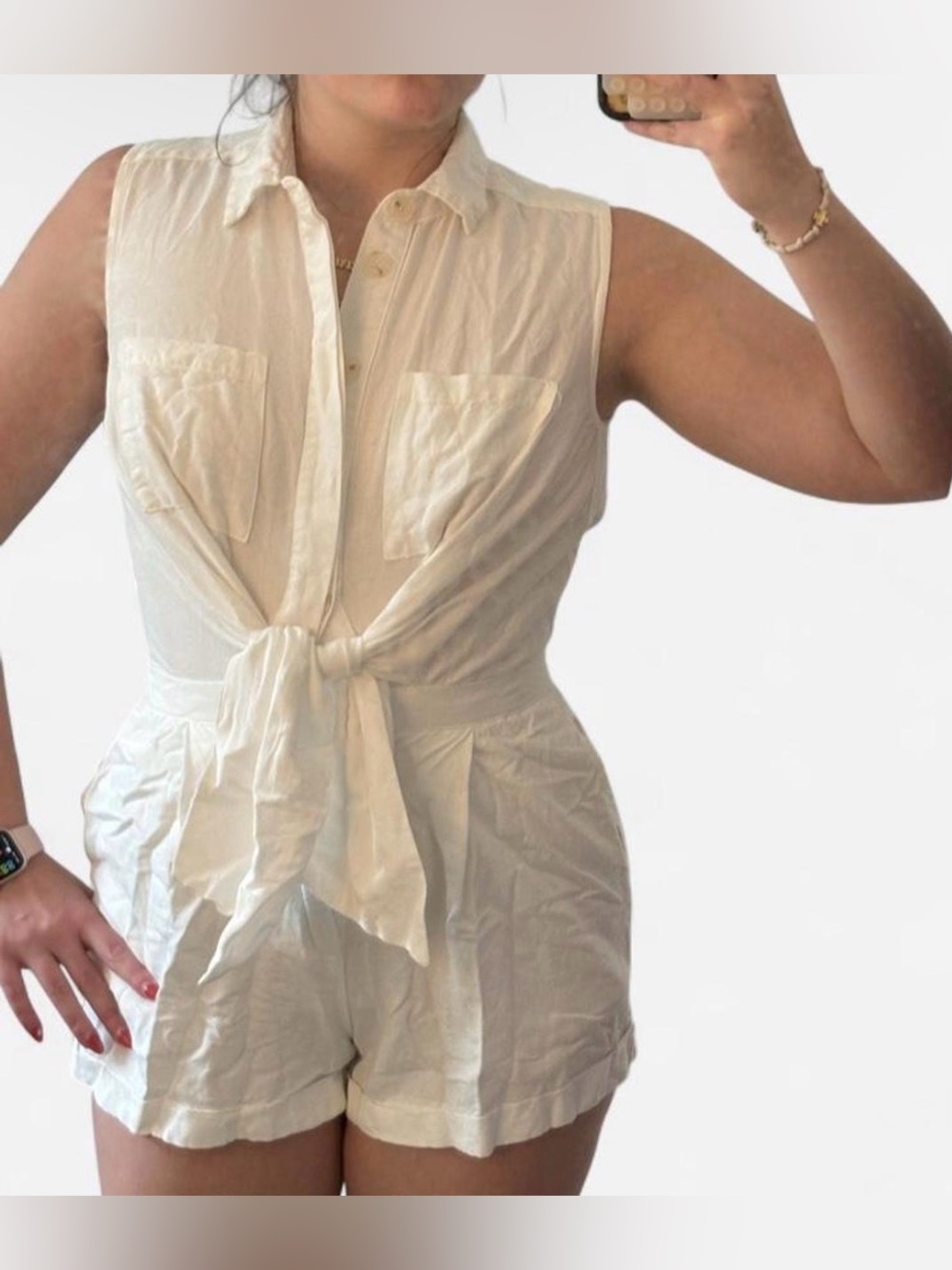 Sleeveless white Tie-Front Romper - Women Pants & Jumpsuits